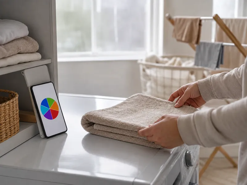 A household chore picker wheel on a tablet propped on a kitchen counter