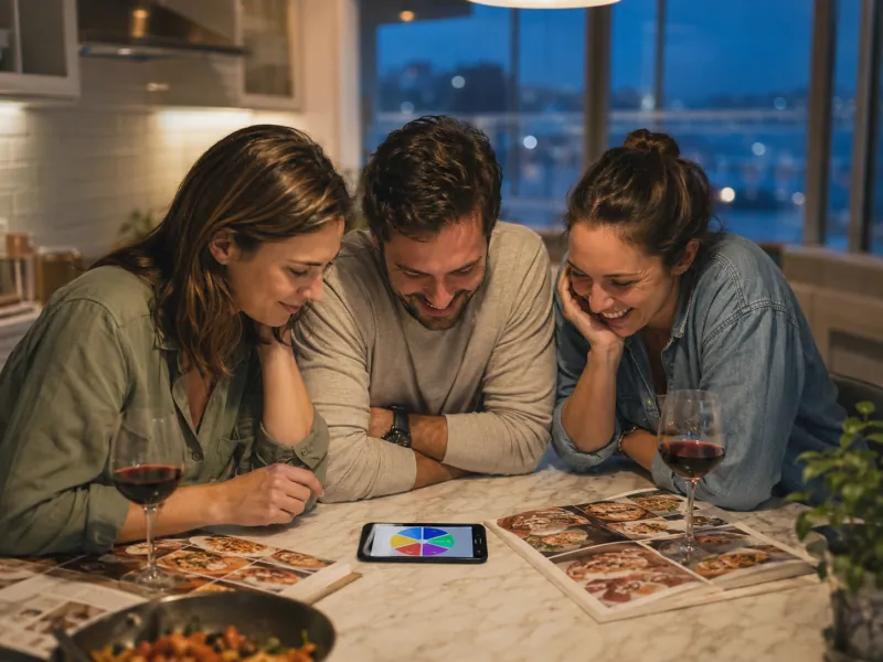 Friends at a kitchen table looking at a phone showing a food picker wheel