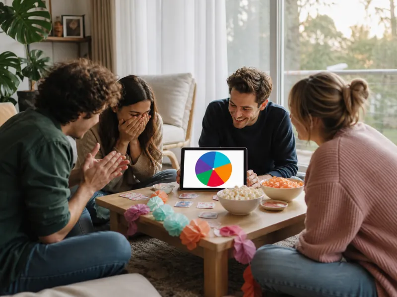 A living room party with a spin the wheel game on the television and people laughing