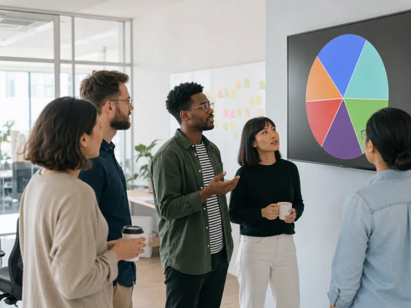 A small team around a monitor showing a name wheel during a stand-up