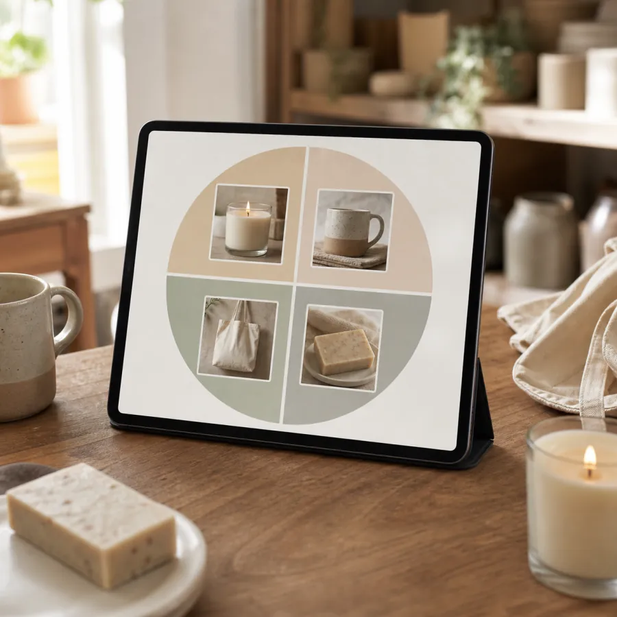 A prize picker wheel showing product photographs on its slices