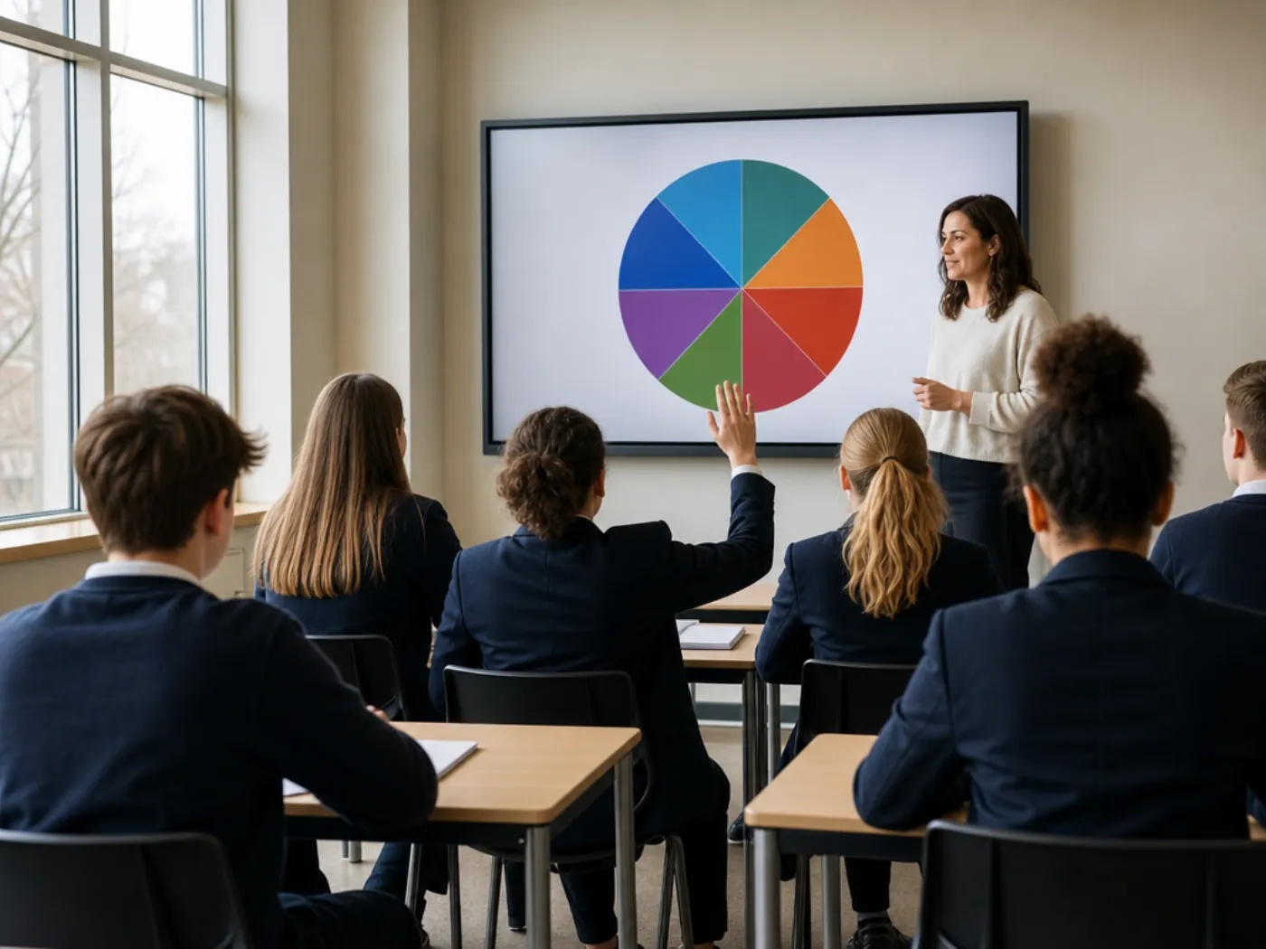 A teacher using a random name picker wheel on a classroom display while pupils watch